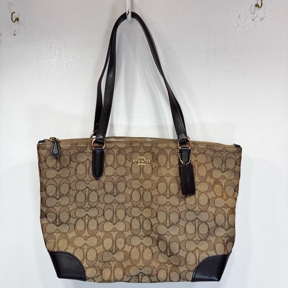 Coach Brown Signature Jacquard Zip Top Tote Shoulder Bag #F29958